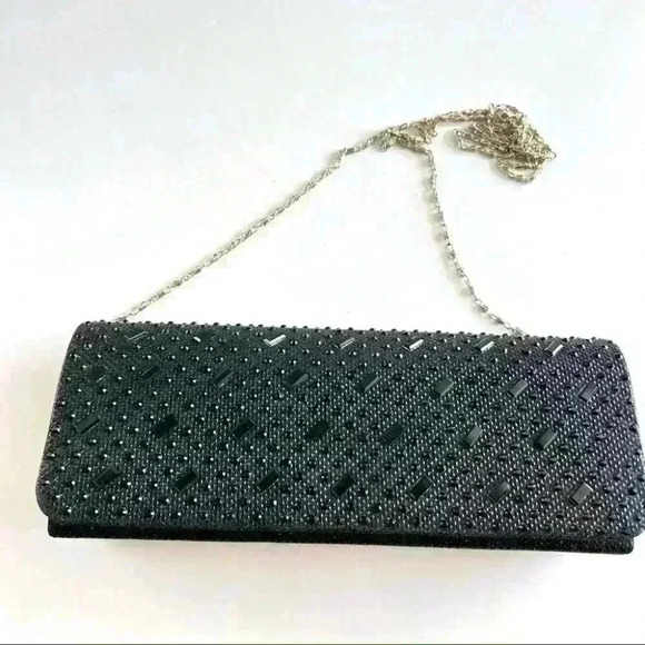 MINI BLACK SHINNY BAG RHINESTONES WITH CHAIN STRAP - Picture 2 of 14